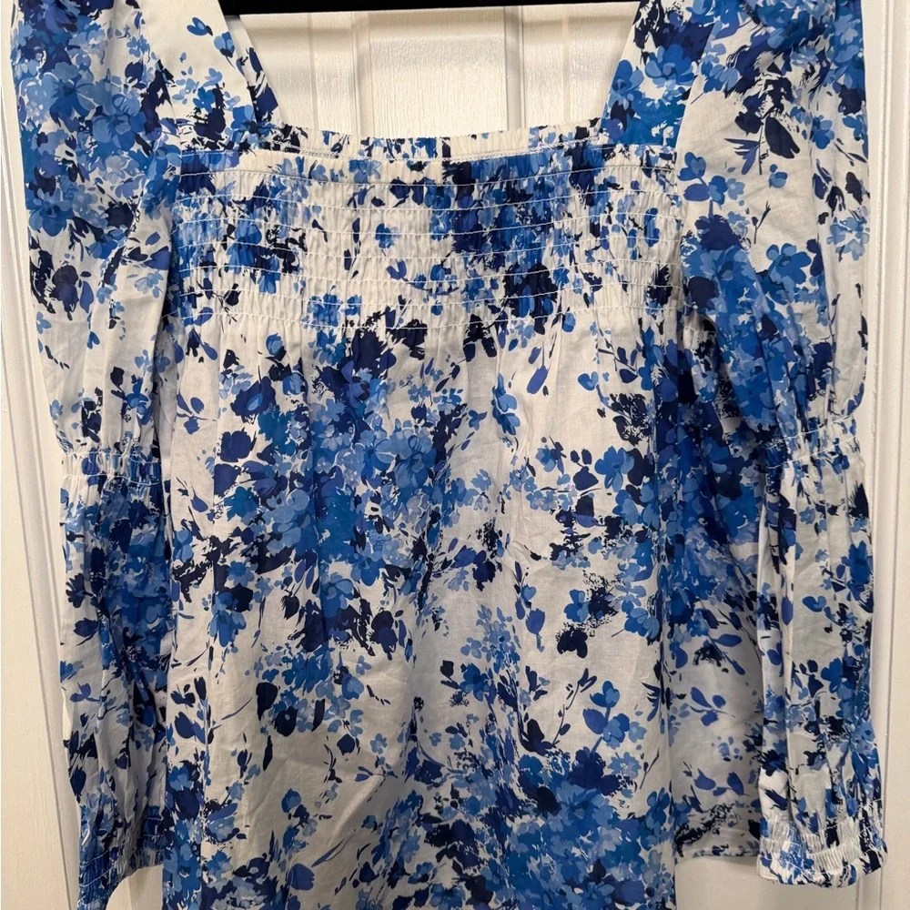 Tuckernuck Blue and White Floral Smocked Square-Neck Blouse